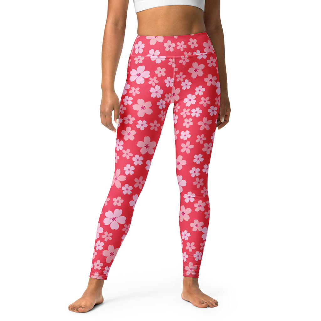 Women's Bright Pink Cherry Blossom Buttery Soft Yoga Leggings - Quick Drying, High Waisted Comfort
