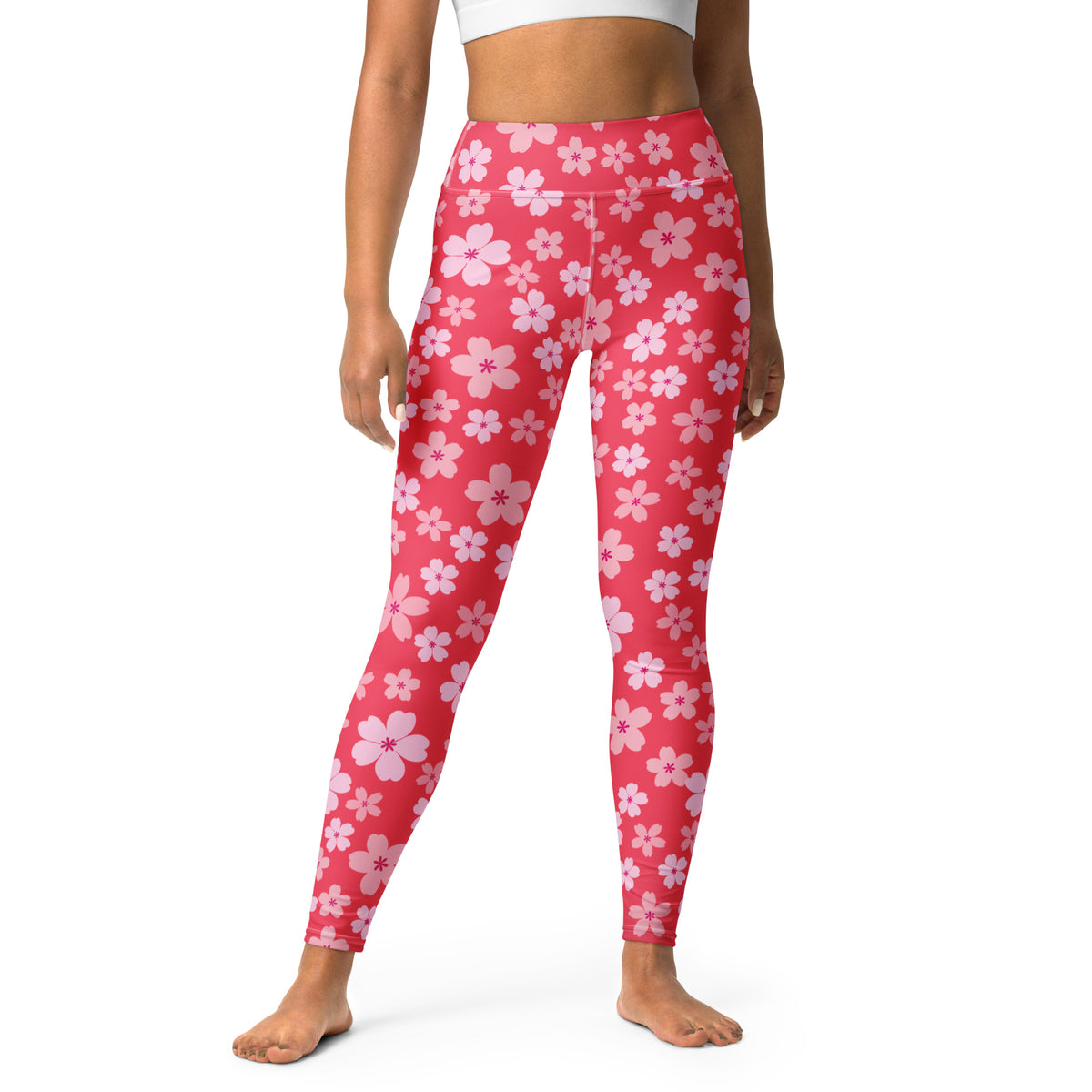 Women's Bright Pink Cherry Blossom Buttery Soft Yoga Leggings - Quick Drying, High Waisted Comfort