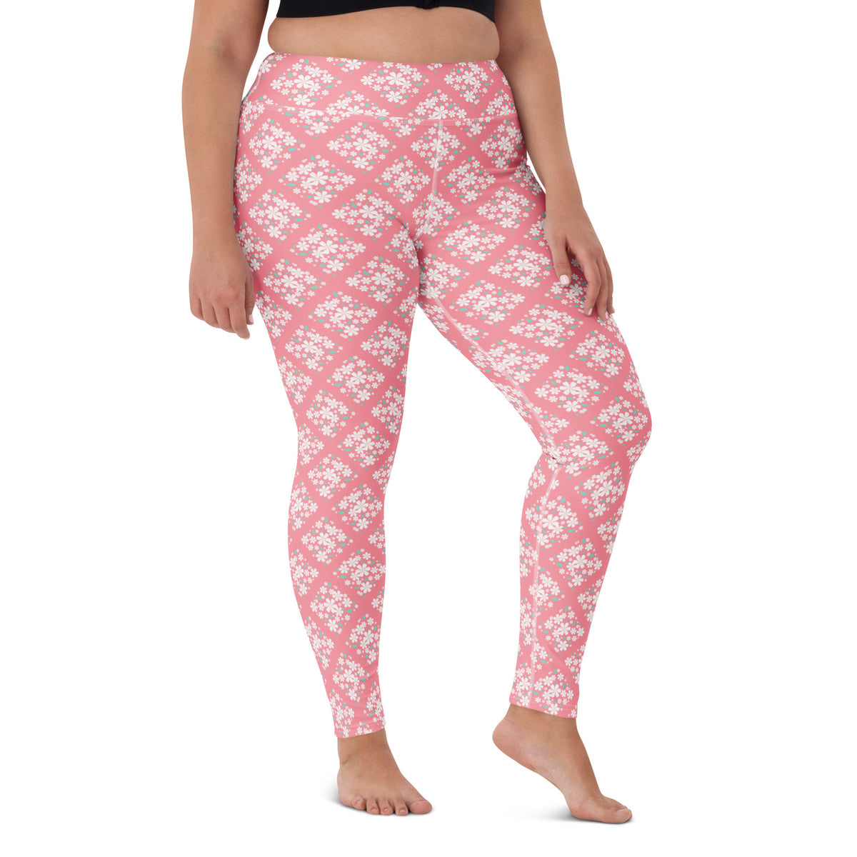 Women's Pink Floral Diamond Buttery Soft Yoga Leggings - Quick Drying, High Waisted Comfort