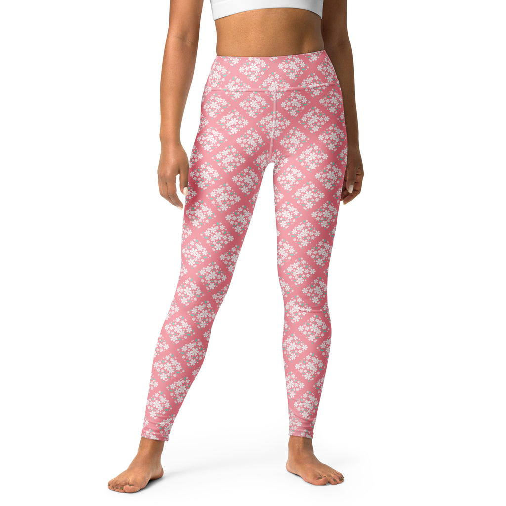 Women's Pink Floral Diamond Buttery Soft Yoga Leggings - Quick Drying, High Waisted Comfort
