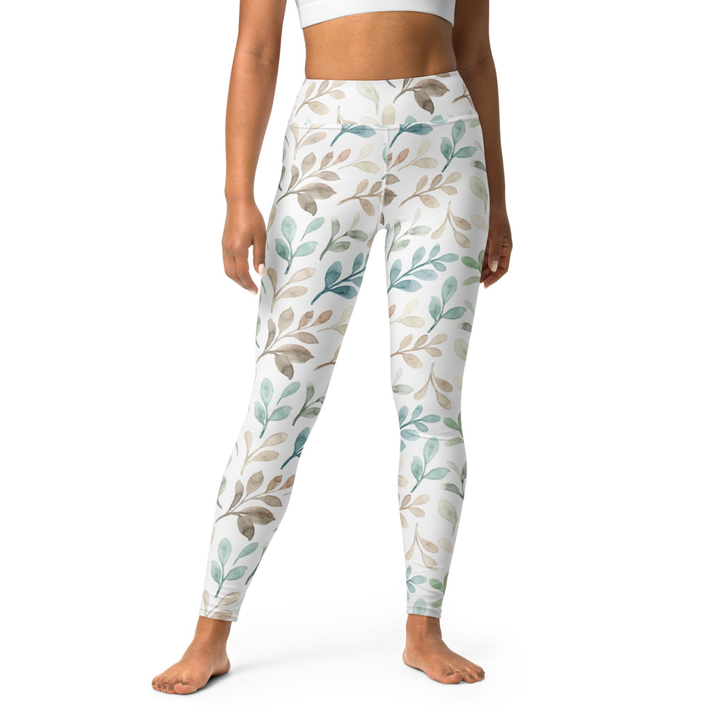 Women's Watercolor Leaf Buttery Soft Yoga Leggings - Quick Drying, High Waisted Comfort
