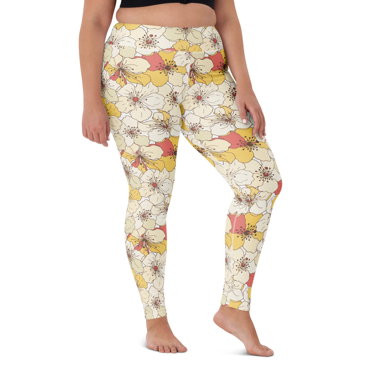 Women's Vintage Cream Floral Buttery Soft Yoga Leggings - Quick Drying, High Waisted Comfort