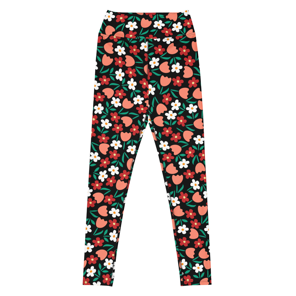 Women's Coral Red Floral Buttery Soft Yoga Leggings - Quick Drying, High Waisted Comfort