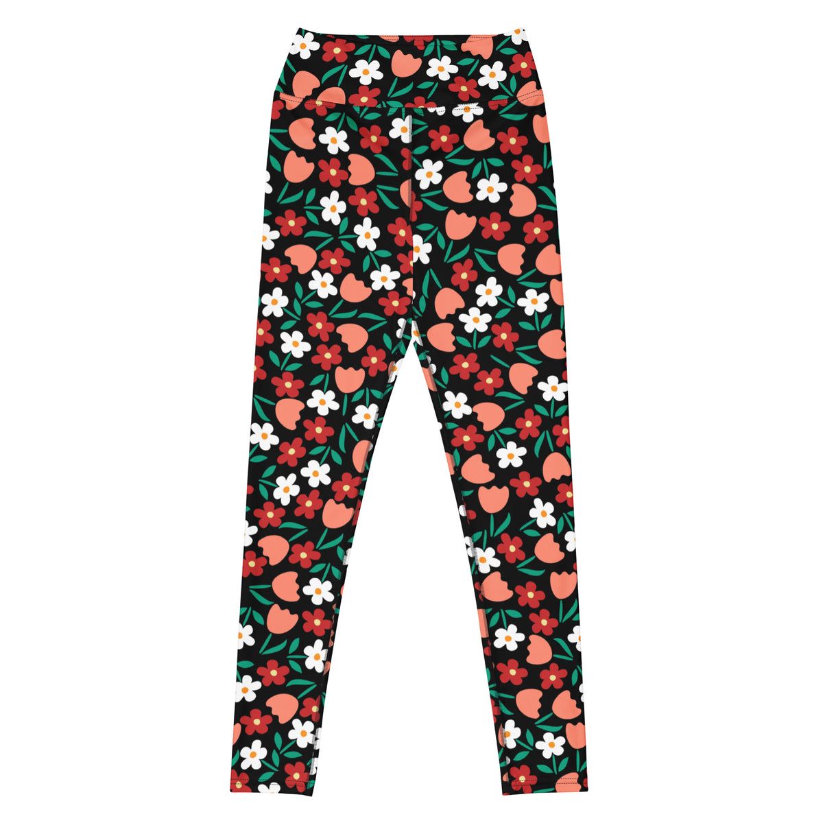Women's Coral Red Floral Buttery Soft Yoga Leggings - Quick Drying, High Waisted Comfort