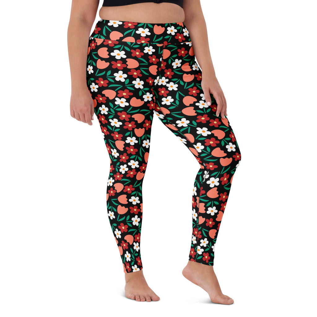 Women's Coral Red Floral Buttery Soft Yoga Leggings - Quick Drying, High Waisted Comfort