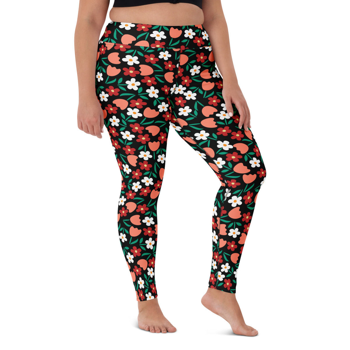 Women's Coral Red Floral Buttery Soft Yoga Leggings - Quick Drying, High Waisted Comfort