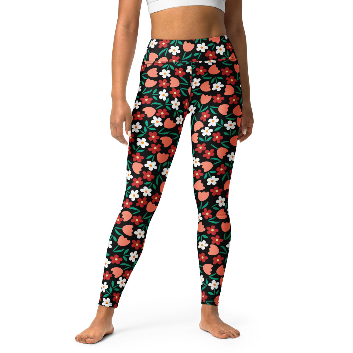 Women's Coral Red Floral Buttery Soft Yoga Leggings - Quick Drying, High Waisted Comfort