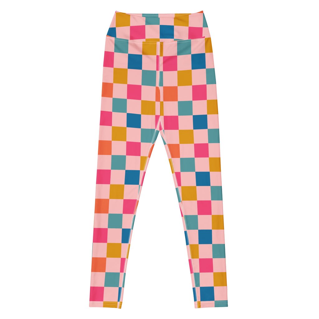 Women's Colorful Pink Checkered Buttery Soft Yoga Leggings - Quick Drying, High Waisted Comfort