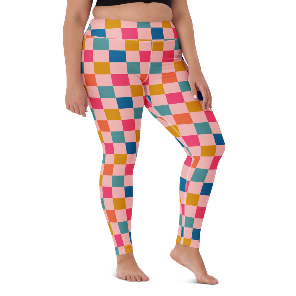 Women's Colorful Pink Checkered Buttery Soft Yoga Leggings - Quick Drying, High Waisted Comfort
