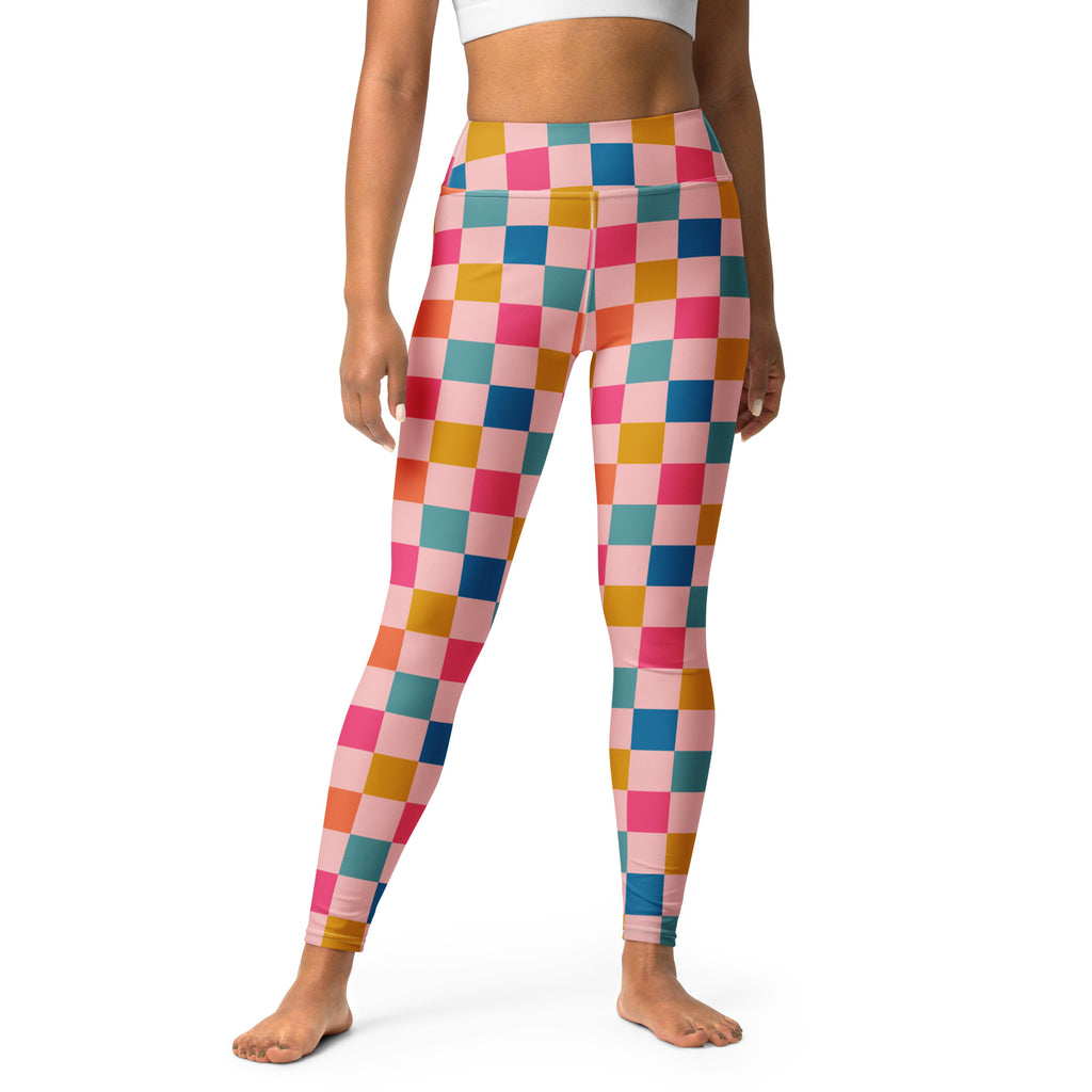 Women's Colorful Pink Checkered Buttery Soft Yoga Leggings - Quick Drying, High Waisted Comfort