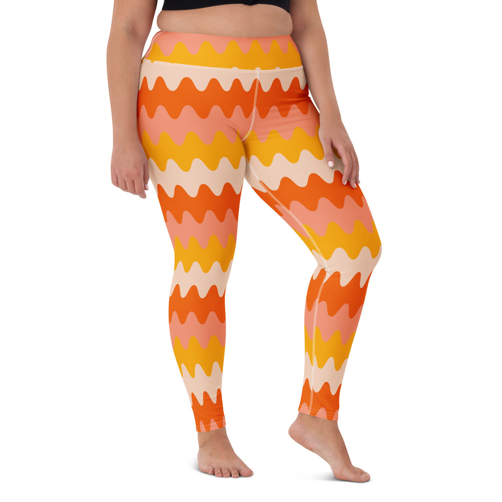 Women's Orange Wavy Stripe Buttery Soft Yoga Leggings - Quick Drying, High Waisted Comfort