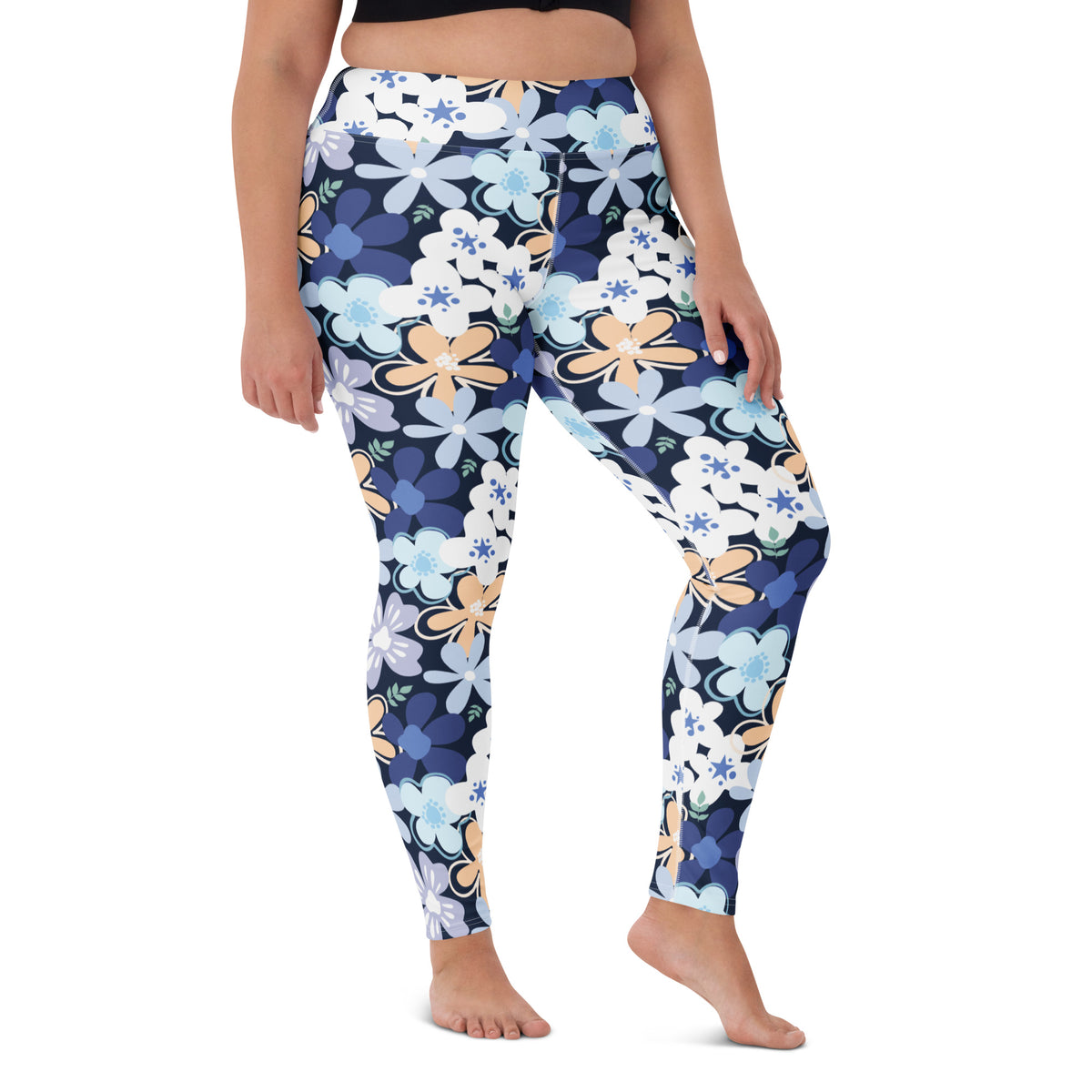 Women's Navy Blue Flowers Buttery Soft Yoga Leggings - Quick Drying, High Waisted Comfort
