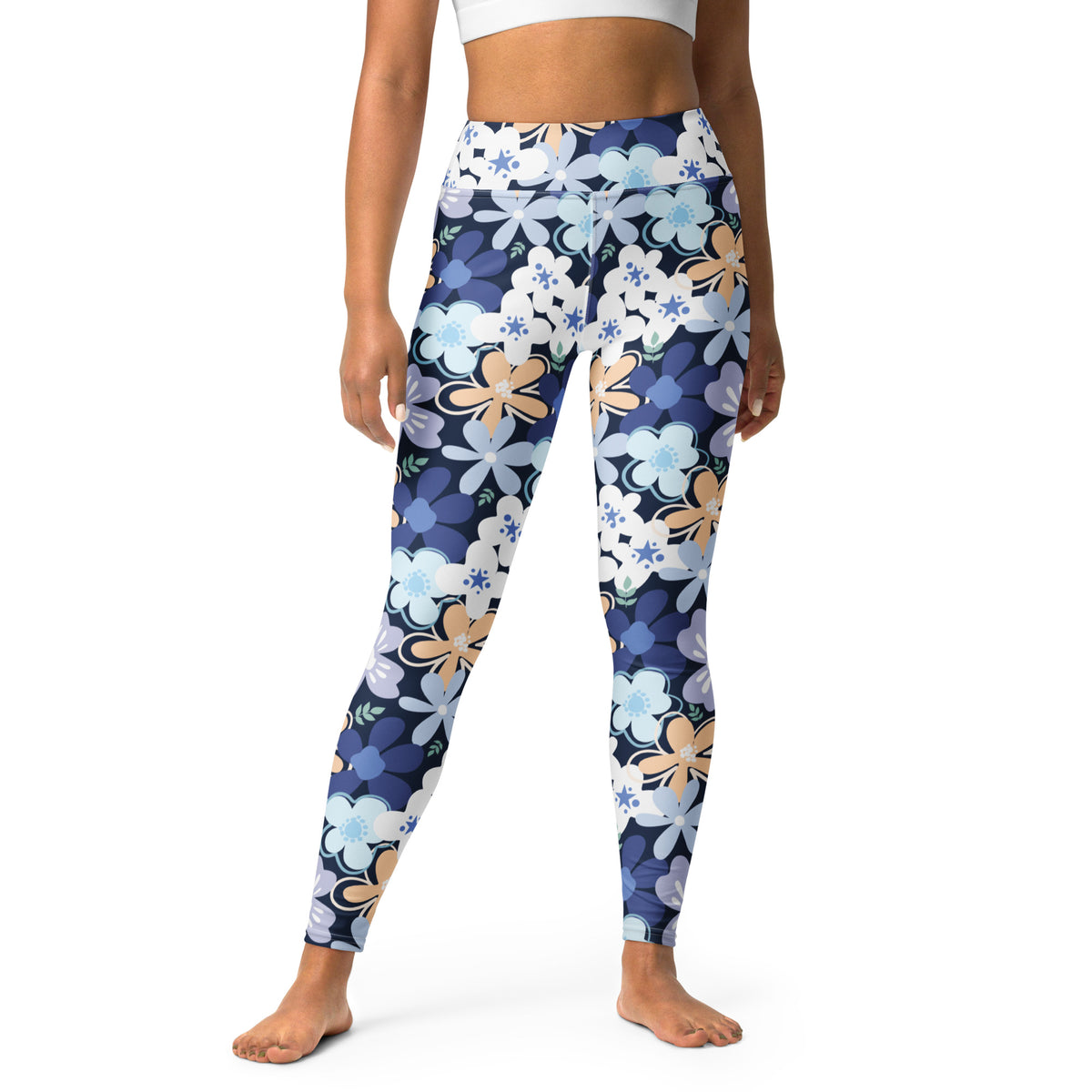 Women's Navy Blue Flowers Buttery Soft Yoga Leggings - Quick Drying, High Waisted Comfort