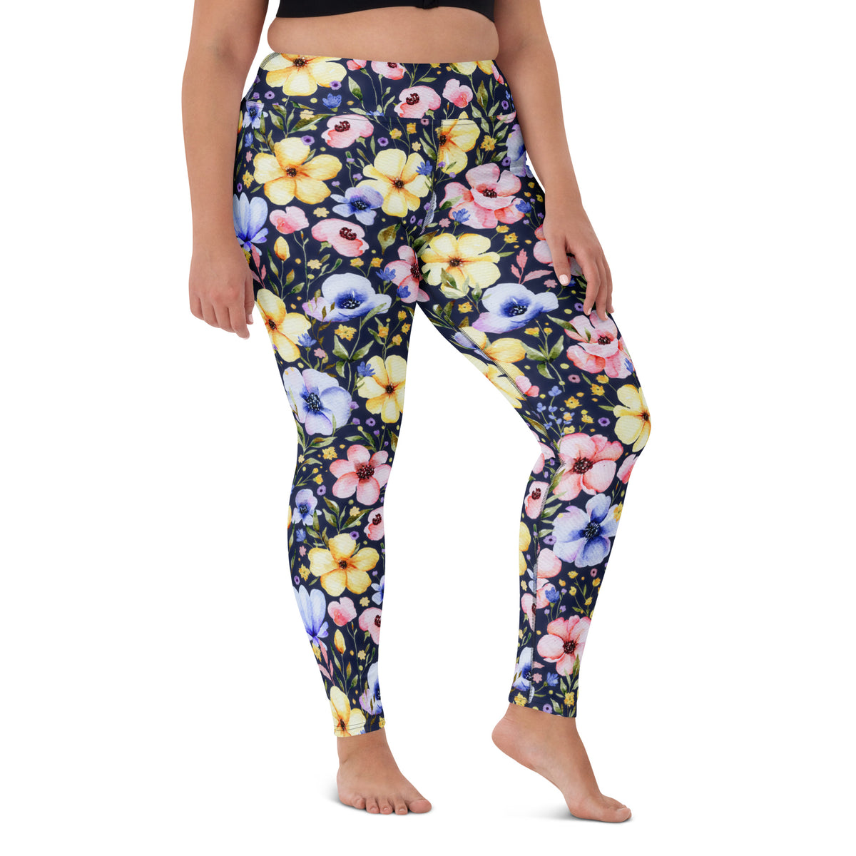 Women's Navy Watercolor Floral Buttery Soft Yoga Leggings - Quick Drying, High Waisted Comfort