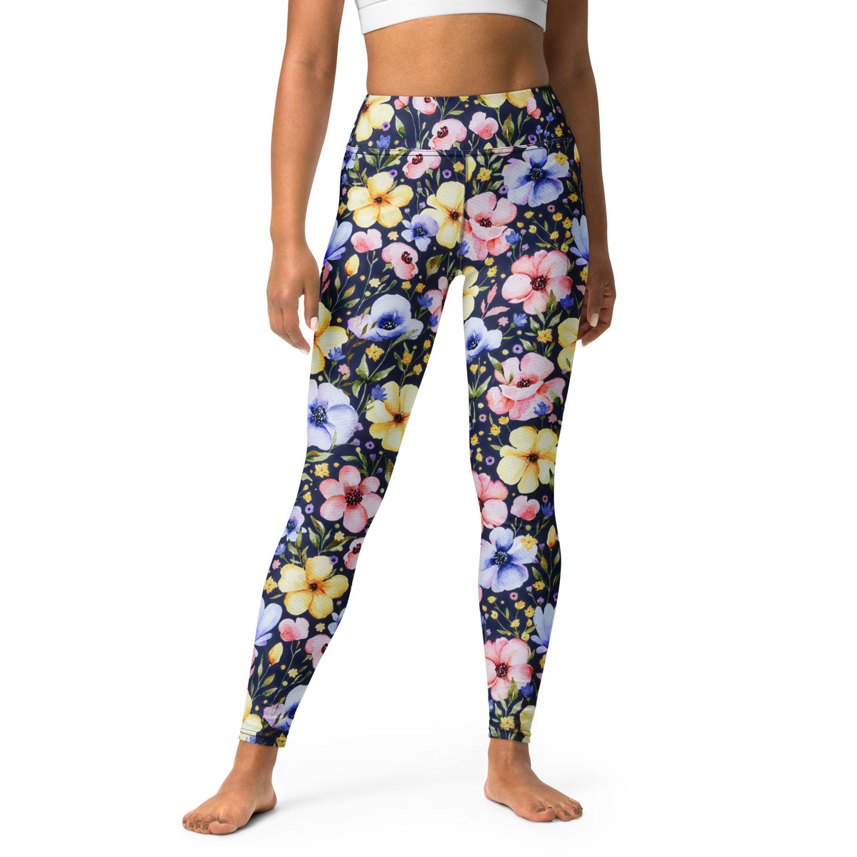 Women's Navy Watercolor Floral Buttery Soft Yoga Leggings - Quick Drying, High Waisted Comfort