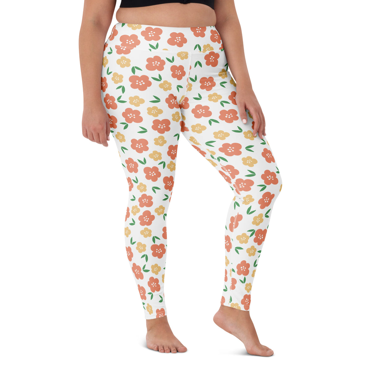 Women's Orange Floral Buttery Soft Yoga Leggings - Quick Drying, High Waisted Comfort