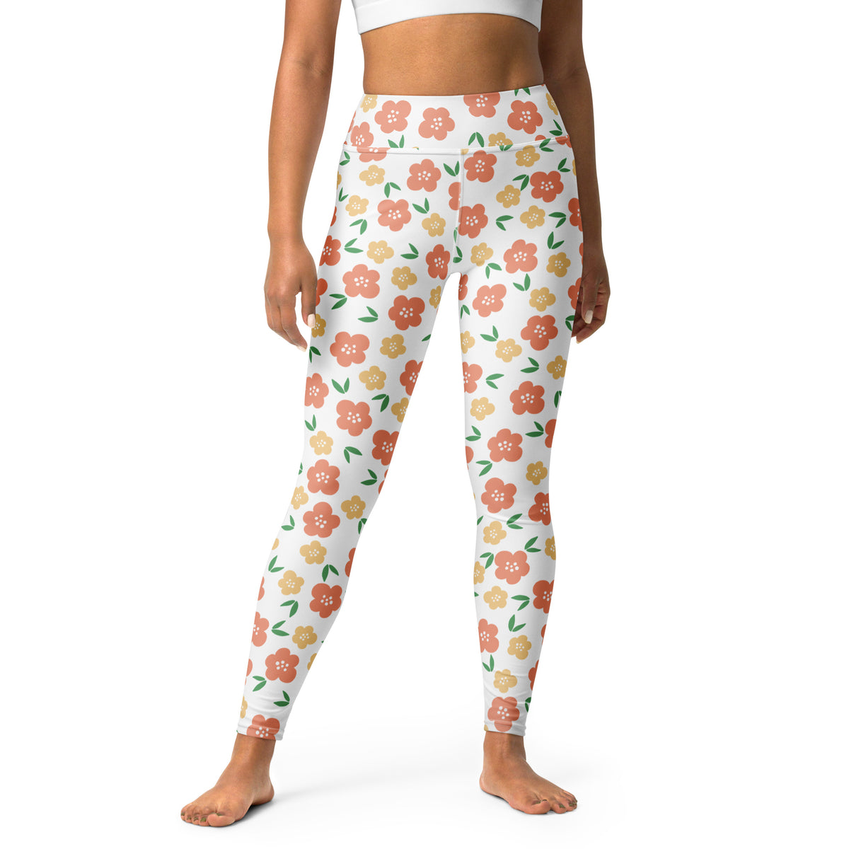 Women's Orange Floral Buttery Soft Yoga Leggings - Quick Drying, High Waisted Comfort