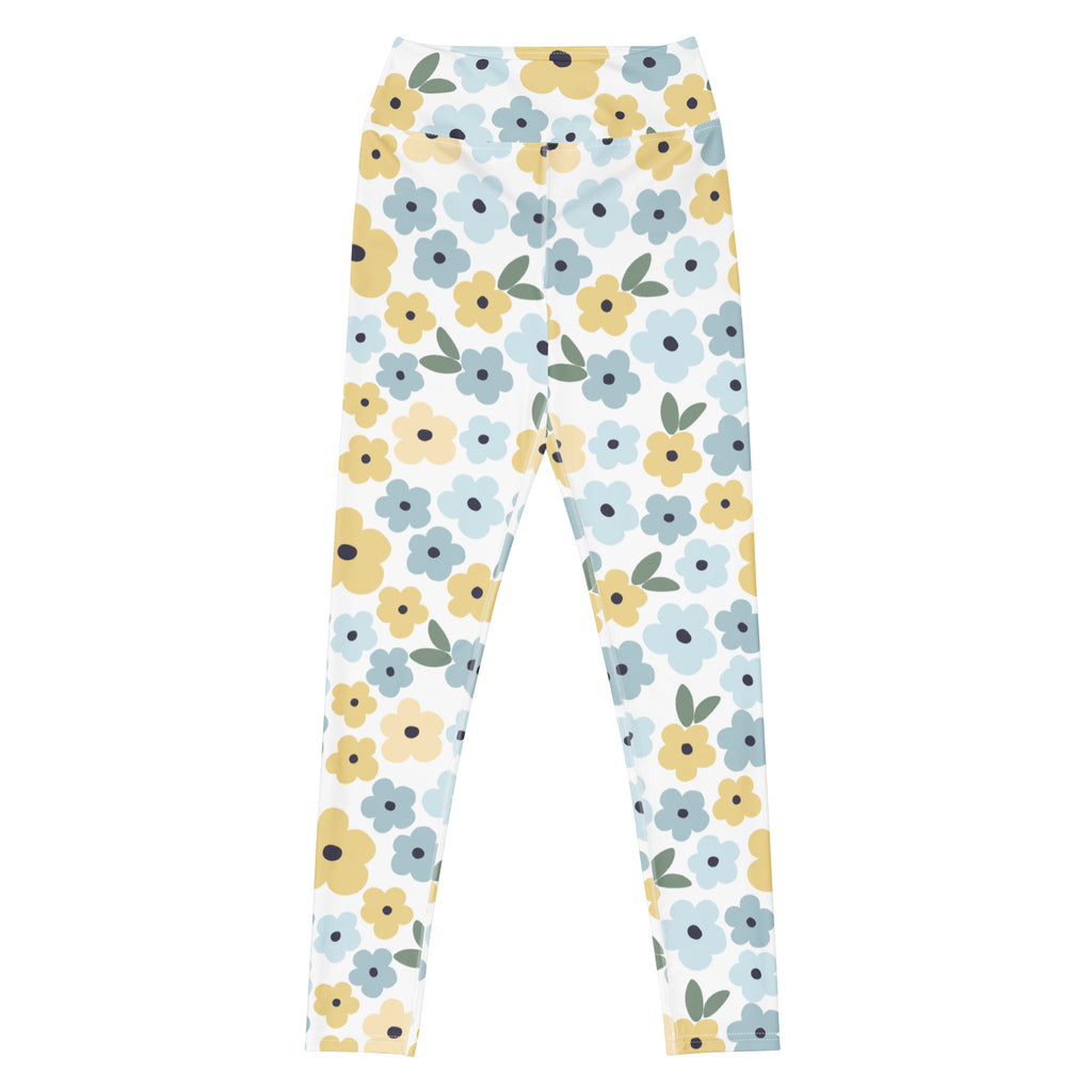 Women's Blue Yellow Floral Buttery Soft Yoga Leggings - Quick Drying, High Waisted Comfort