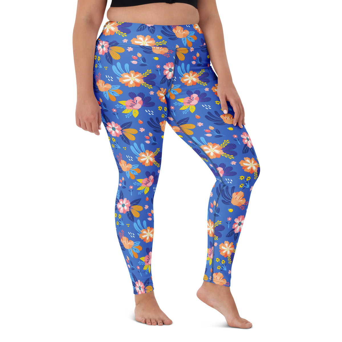 Women's Colorful Blue Floral Buttery Soft Yoga Leggings - Quick Drying, High Waisted Comfort