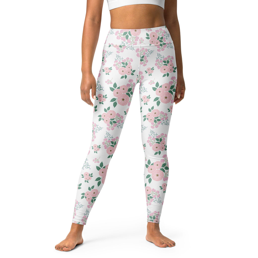 Women's Pink Rose Floral Buttery Soft Yoga Leggings - Quick Drying, High Waisted Comfort