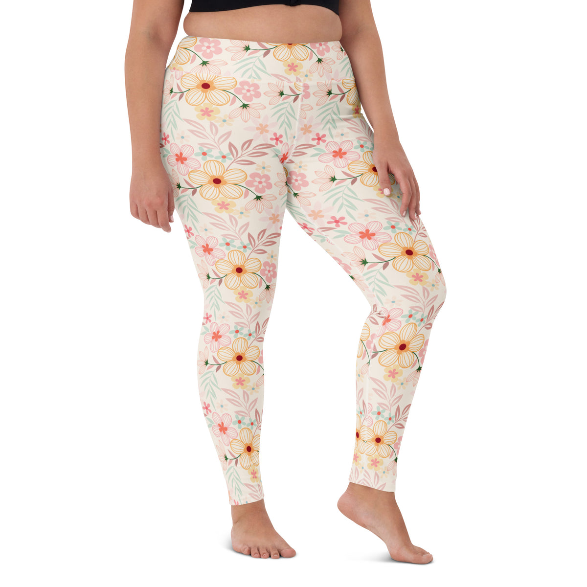 Women's Peach Pink Floral Buttery Soft Yoga Leggings - Quick Drying, High Waisted Comfort