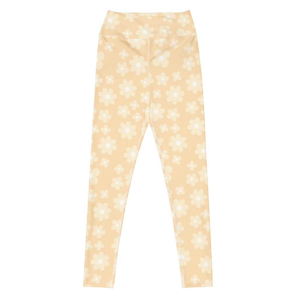 Women's Beige Daisy Buttery Soft Yoga Leggings - Quick Drying, High Waisted Comfort