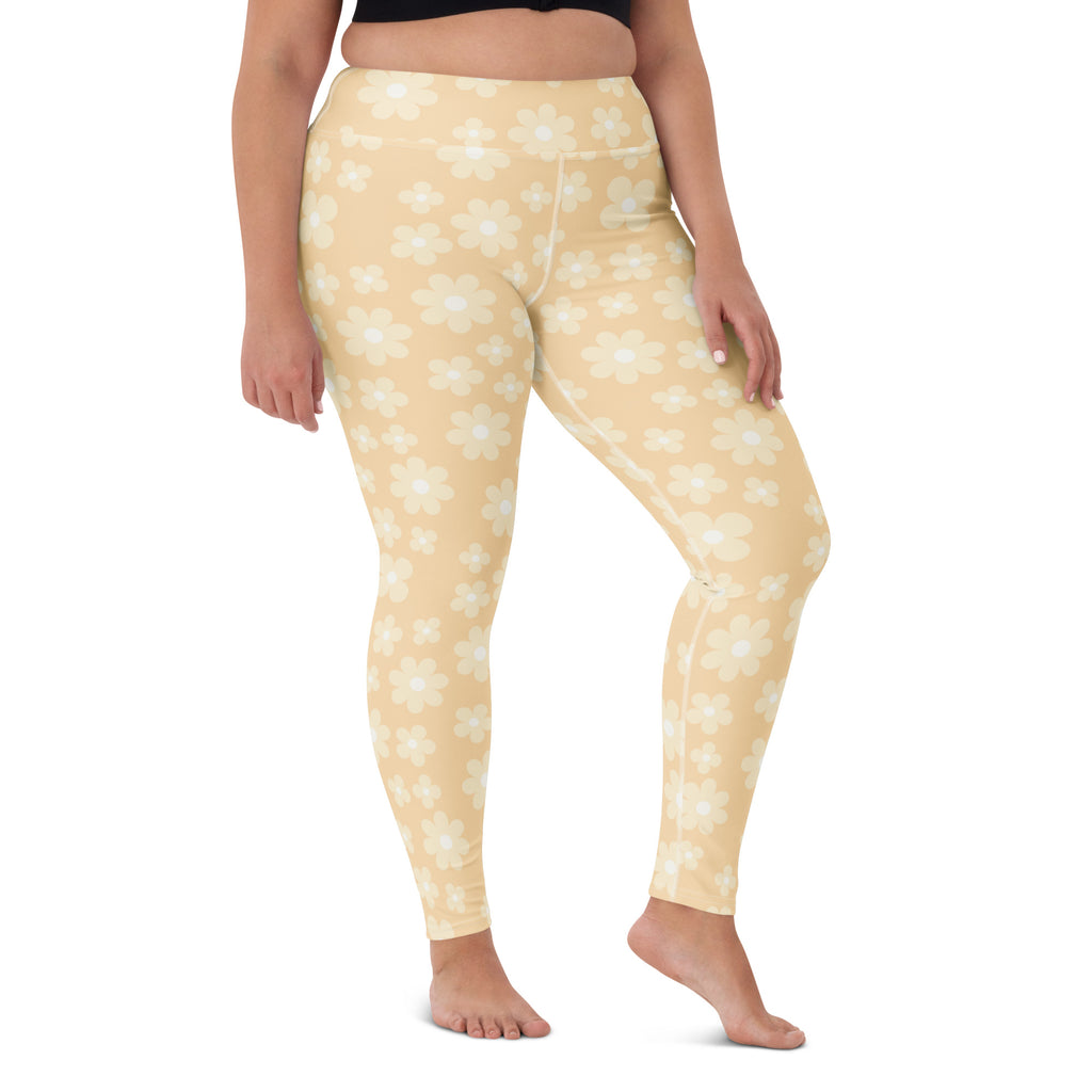Women's Beige Daisy Buttery Soft Yoga Leggings - Quick Drying, High Waisted Comfort