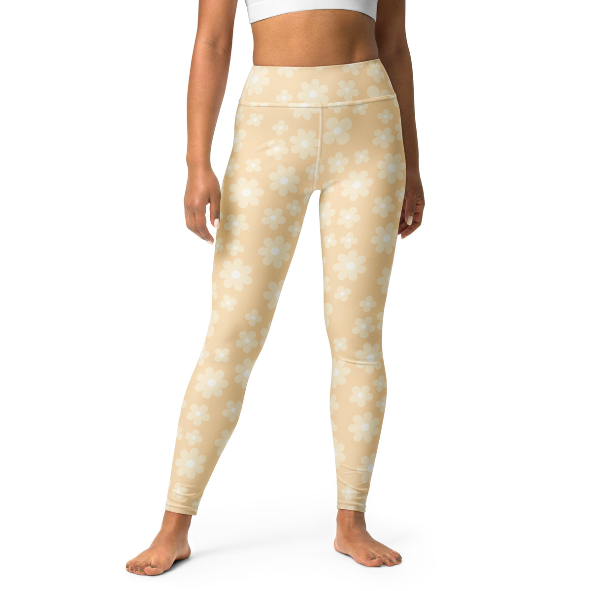 Women's Beige Daisy Buttery Soft Yoga Leggings - Quick Drying, High Waisted Comfort