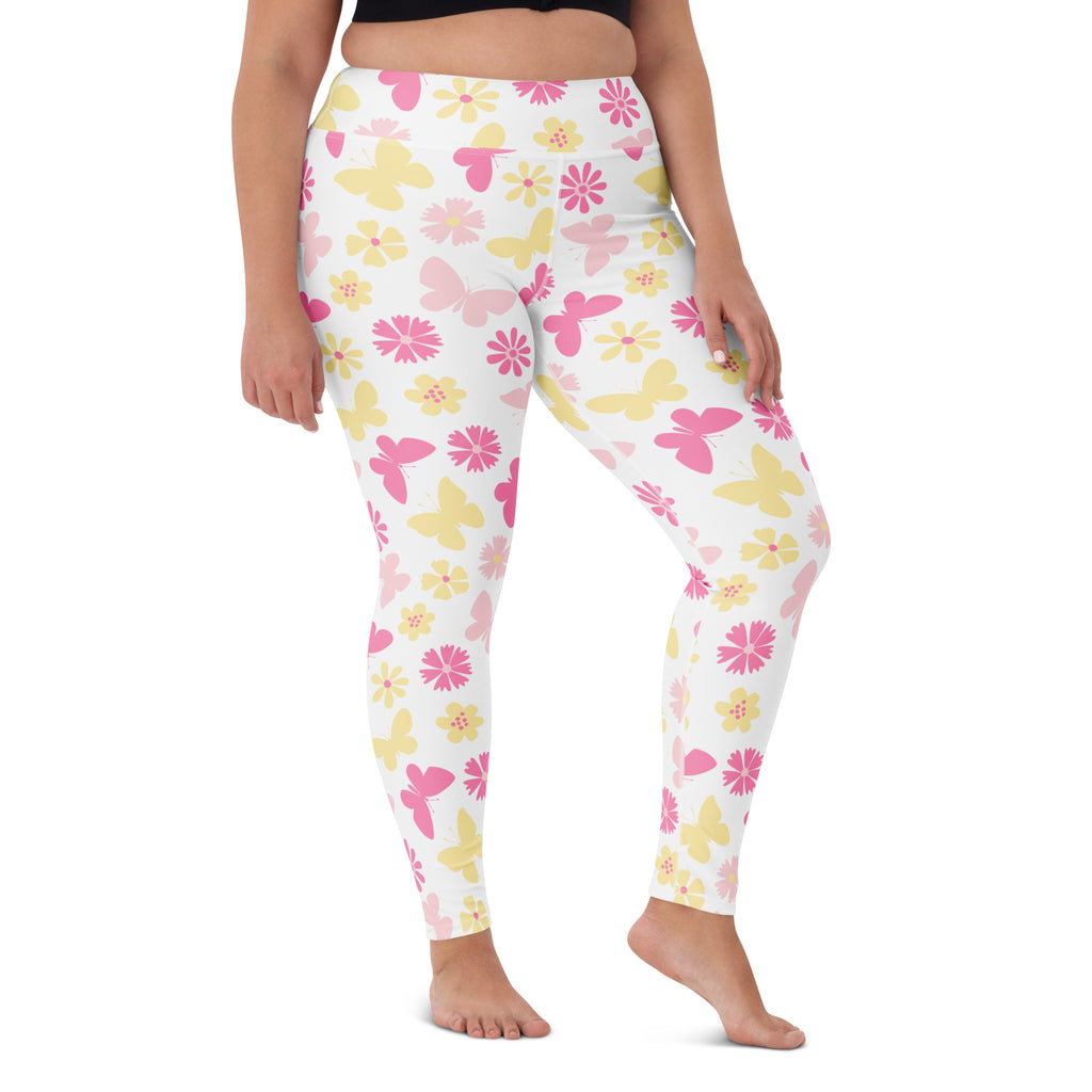 Women's Pink Butterfly Floral Buttery Soft Yoga Leggings - Quick Drying, High Waisted Comfort