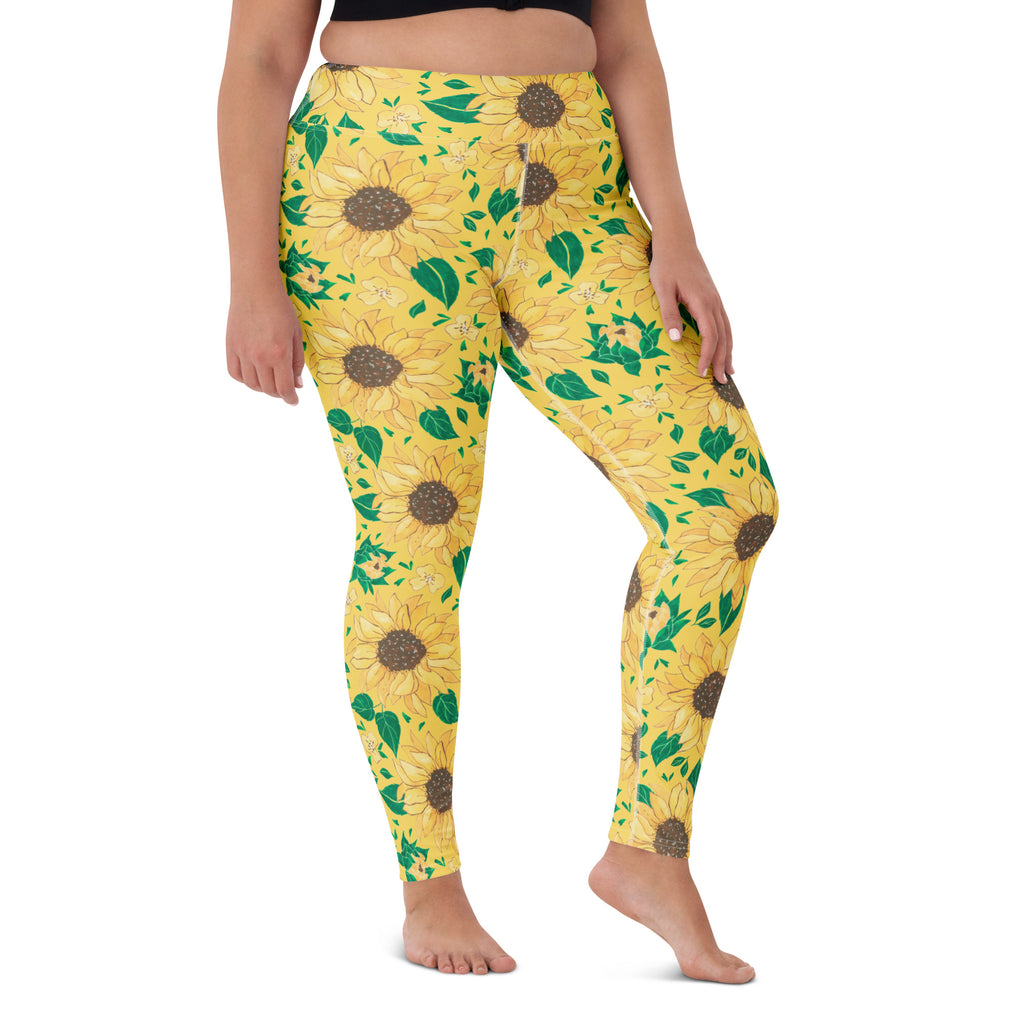 Women's Watercolor Sunflower Buttery Soft Yoga Leggings - Quick Drying, High Waisted Comfort