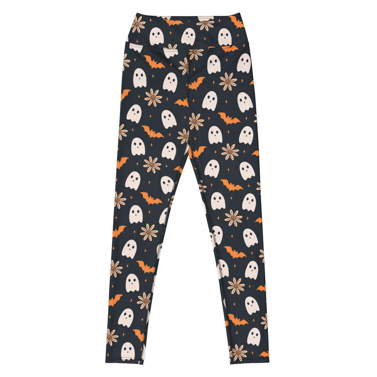Women's Orange Floral Ghost Halloween Buttery Soft Yoga Leggings - Quick Drying, High Waisted Comfort