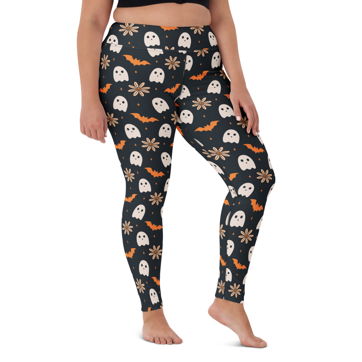 Women's Orange Floral Ghost Halloween Buttery Soft Yoga Leggings - Quick Drying, High Waisted Comfort