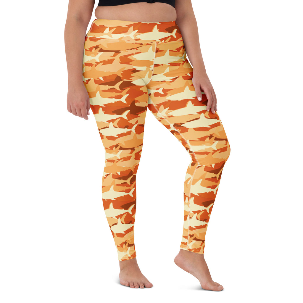 Women's Orange Shark Camouflage Buttery Soft Yoga Leggings - Quick Drying, High Waisted Comfort
