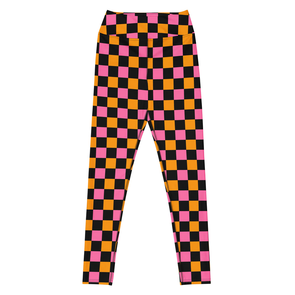Women's Pink Orange Black Checkered Halloween Buttery Soft Yoga Leggings - Quick Drying, High Waisted Comfort