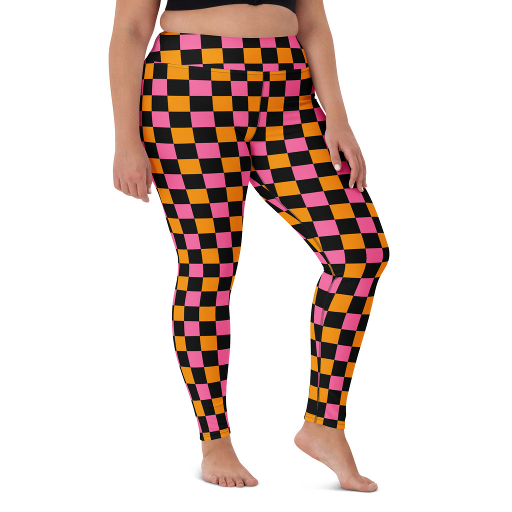 Women's Pink Orange Black Checkered Halloween Buttery Soft Yoga Leggings - Quick Drying, High Waisted Comfort