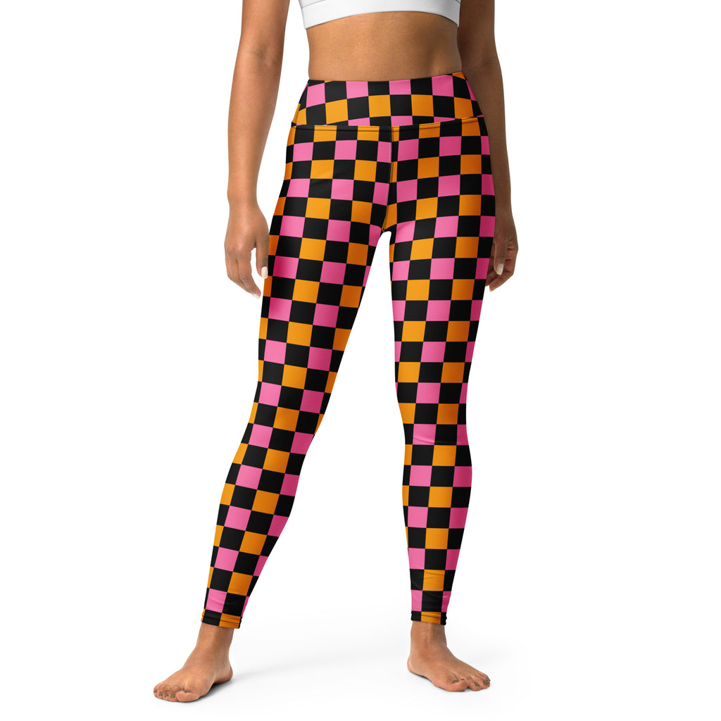 Women's Pink Orange Black Checkered Halloween Buttery Soft Yoga Leggings - Quick Drying, High Waisted Comfort