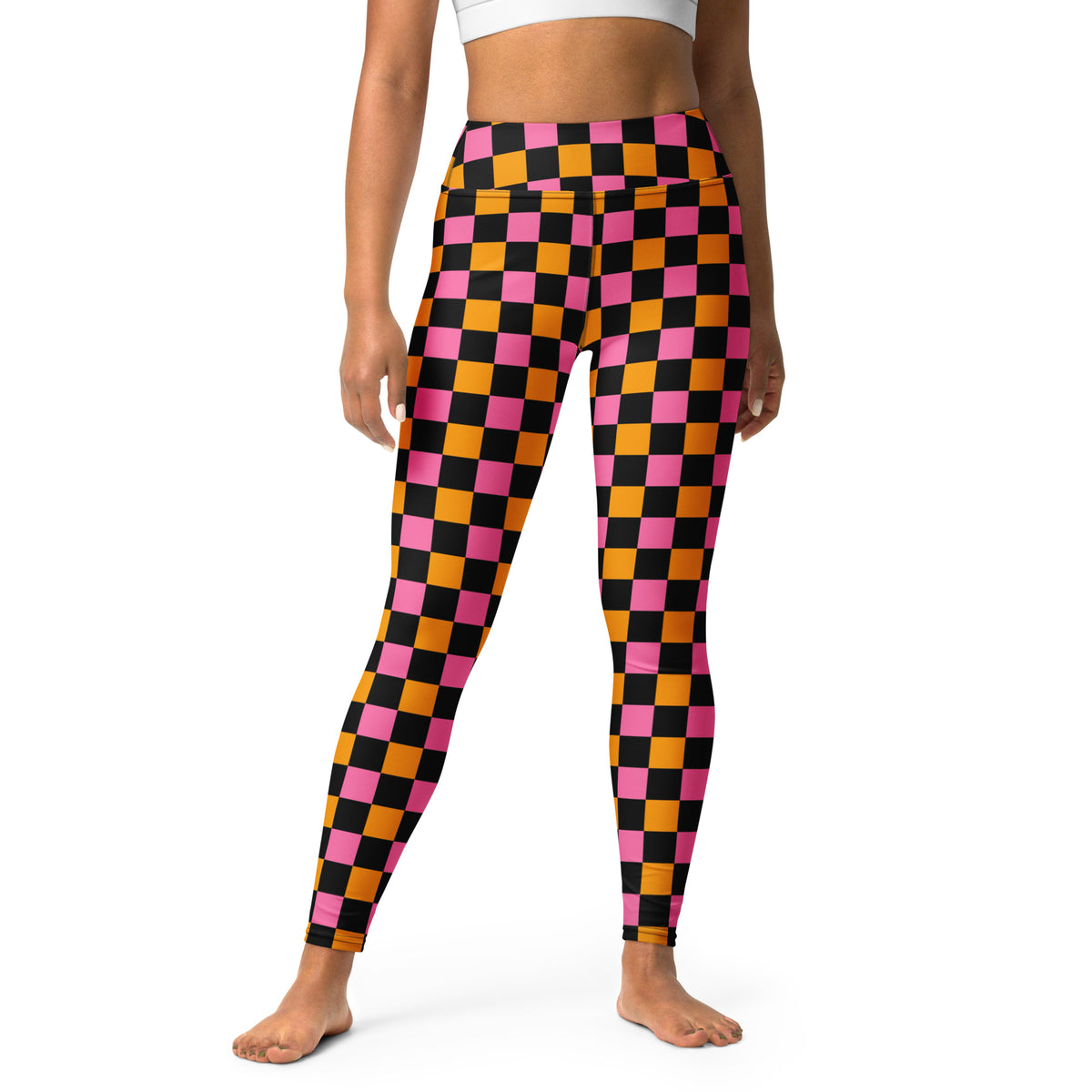 Women's Pink Orange Black Checkered Halloween Buttery Soft Yoga Leggings - Quick Drying, High Waisted Comfort