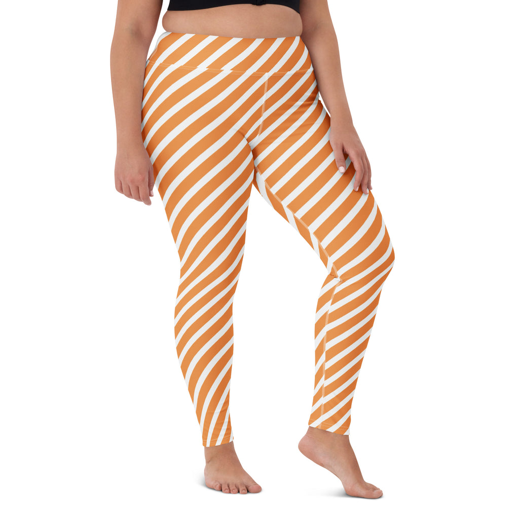 Women's Orange White Striped Halloween Buttery Soft Yoga Leggings - Quick Drying, High Waisted Comfort