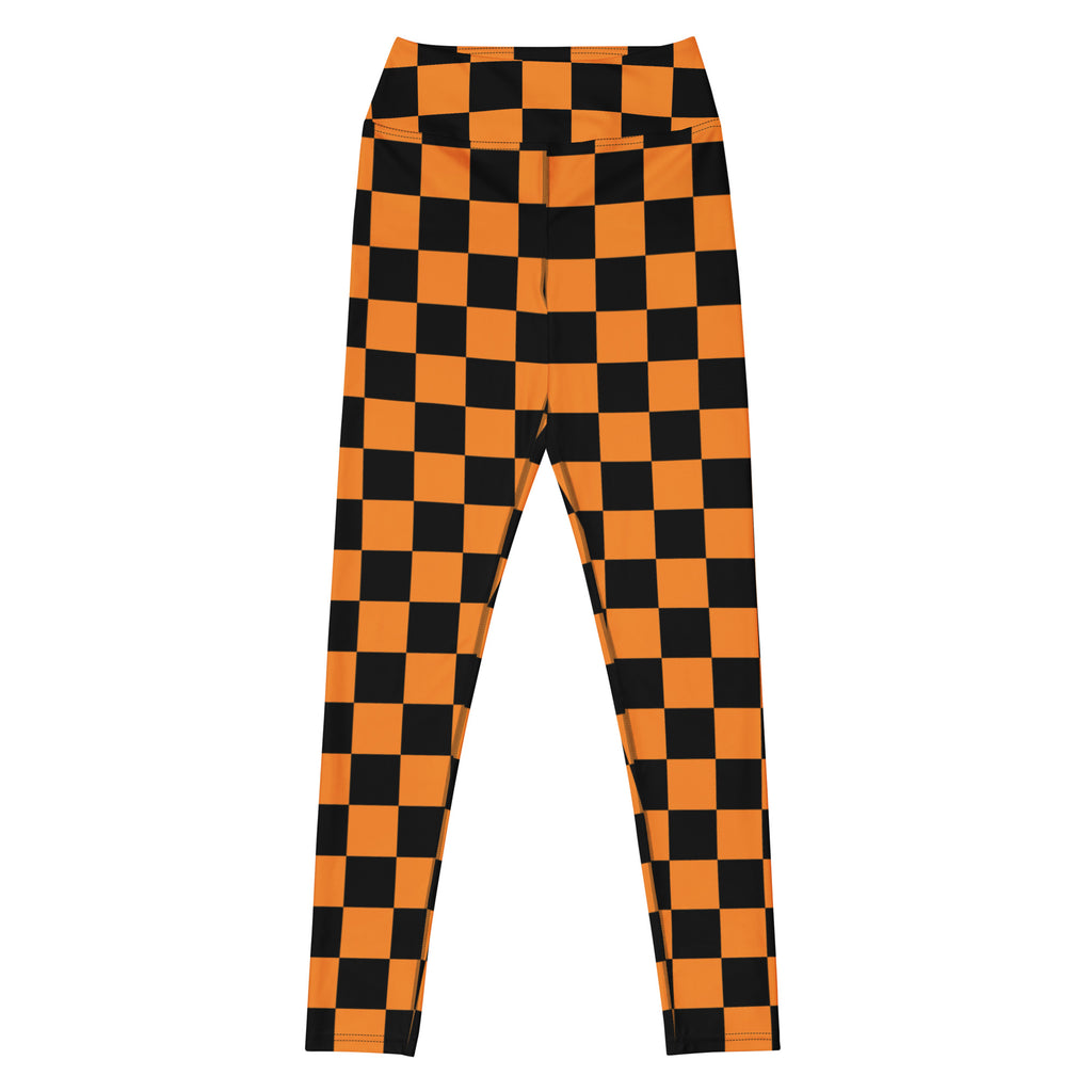 Women's Orange & Black Checkered Halloween Buttery Soft Yoga Leggings - Quick Drying, High Waisted Comfort