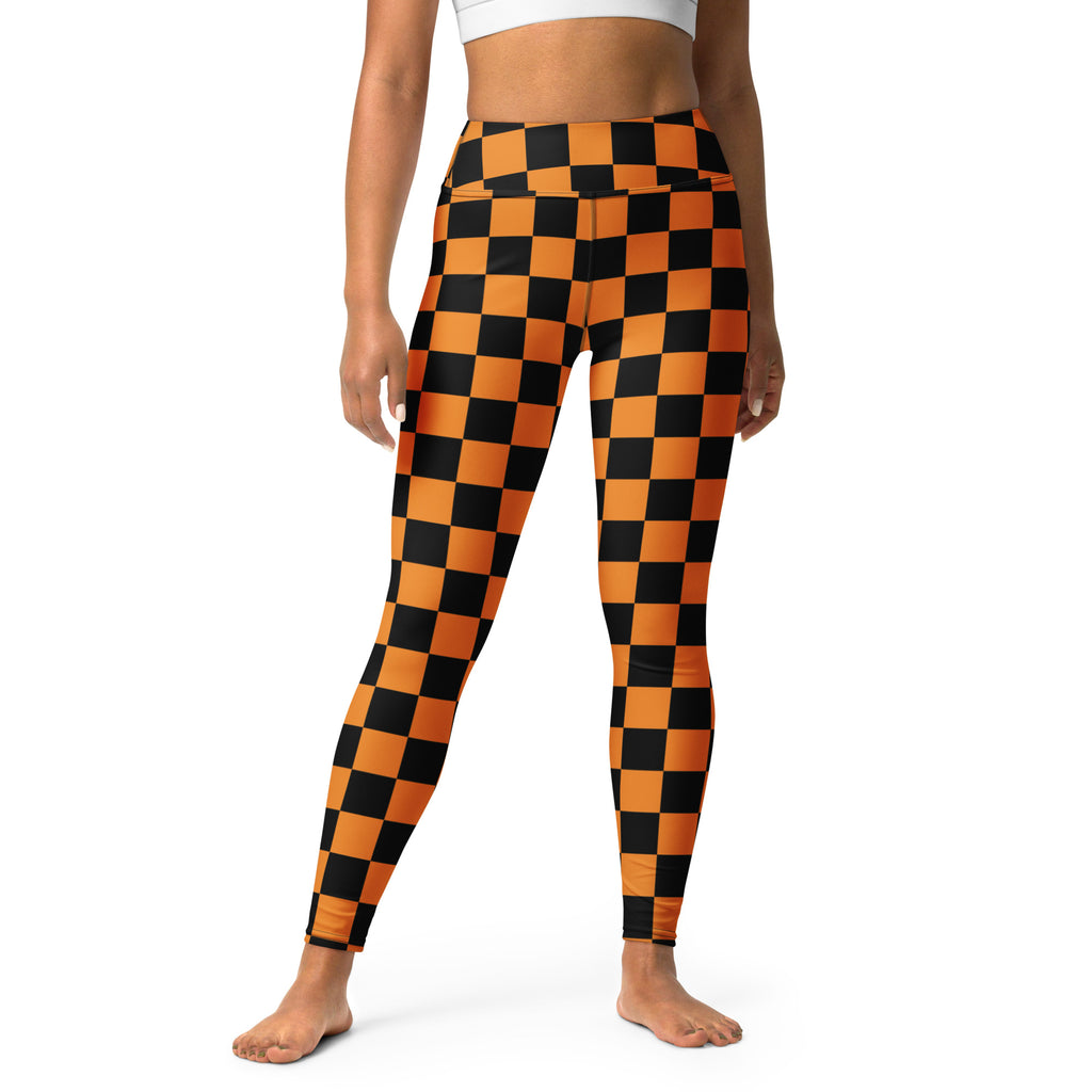 Women's Orange & Black Checkered Halloween Buttery Soft Yoga Leggings - Quick Drying, High Waisted Comfort
