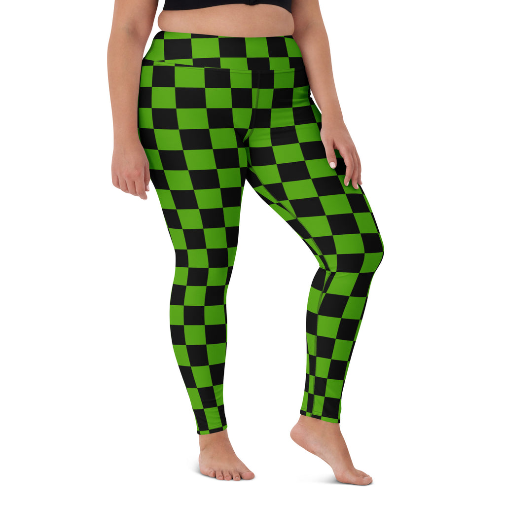 Women's Green & Black Checkered Halloween Buttery Soft Yoga Leggings - Quick Drying, High Waisted Comfort