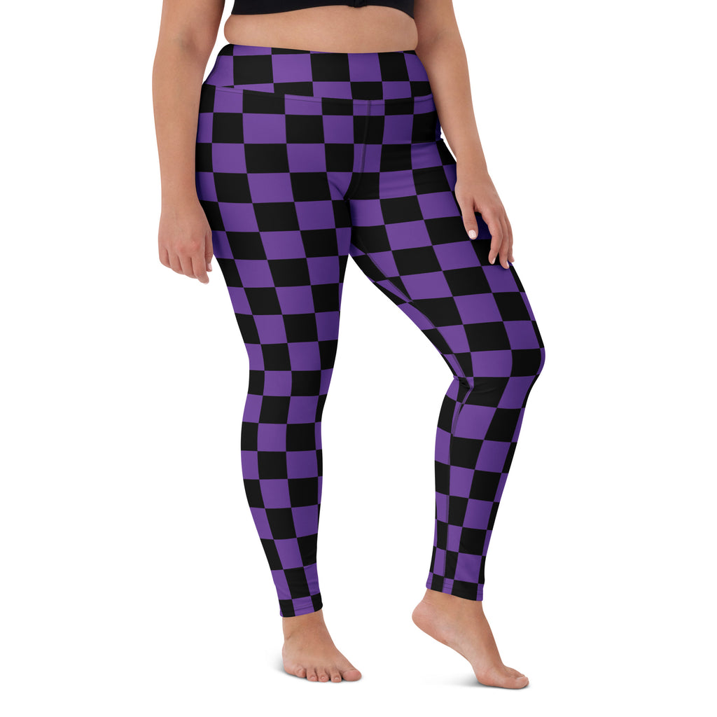 Women's Purple & Black Checkered Halloween Buttery Soft Yoga Leggings - Quick Drying, High Waisted Comfort