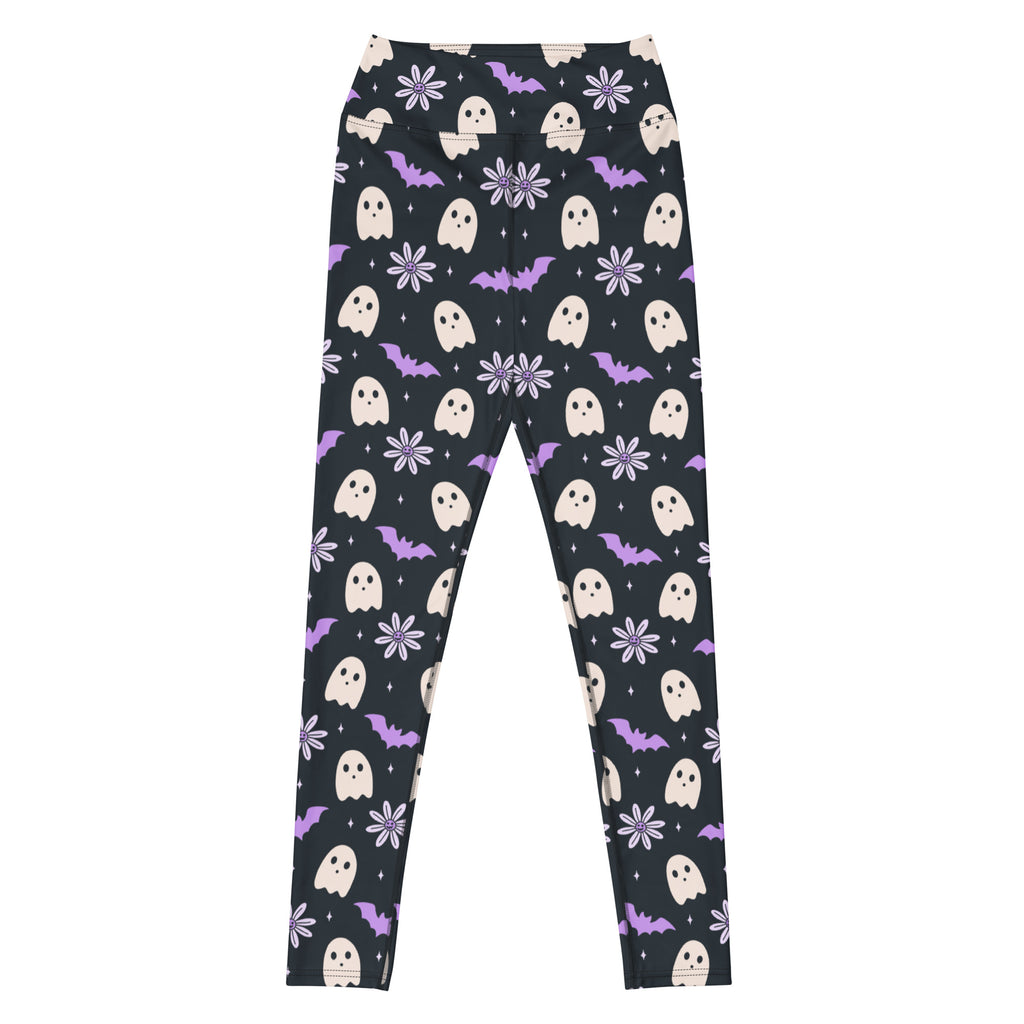 Women's Purple Floral Ghost Halloween Buttery Soft Yoga Leggings - Quick Drying, High Waisted Comfort