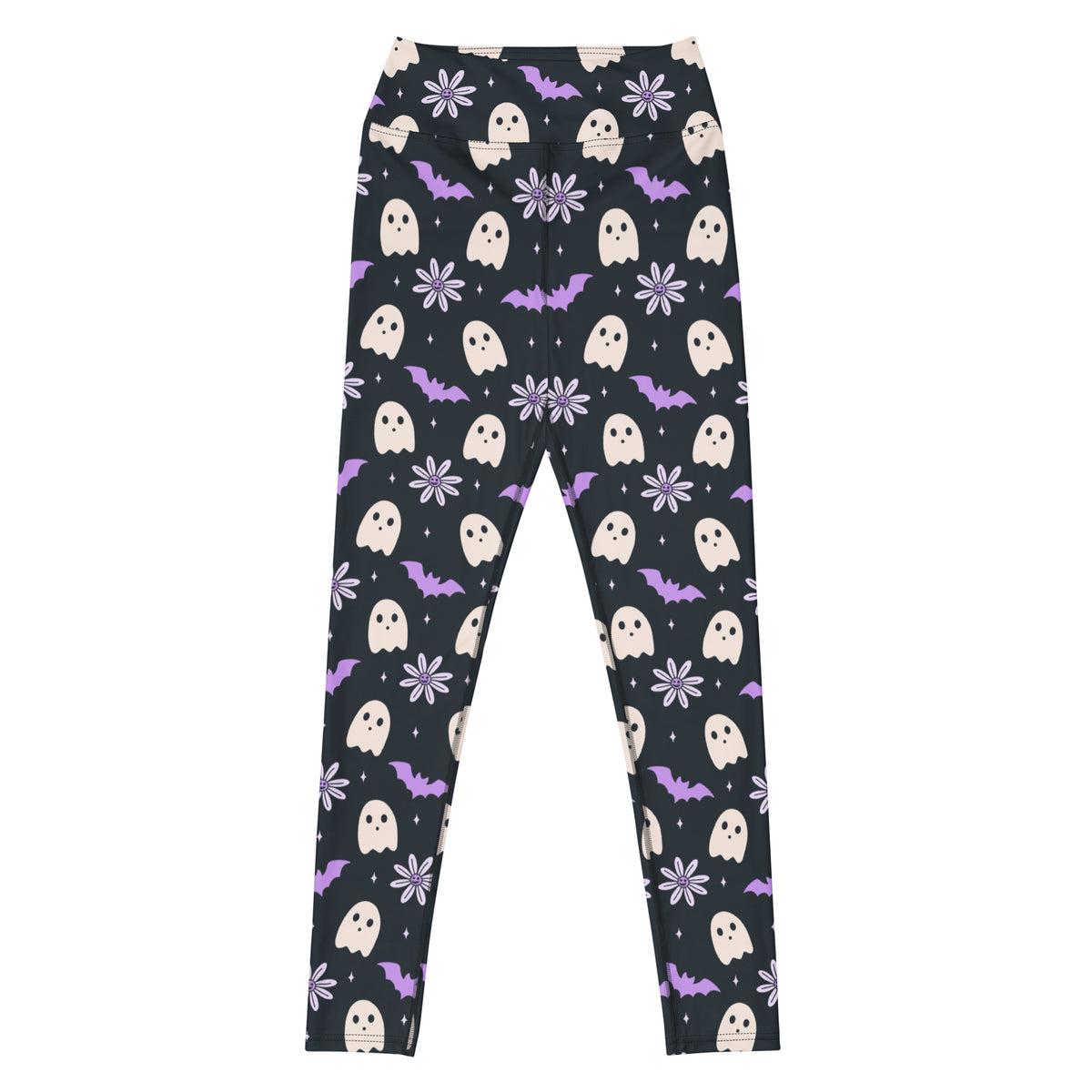 Women's Purple Floral Ghost Halloween Buttery Soft Yoga Leggings - Quick Drying, High Waisted Comfort