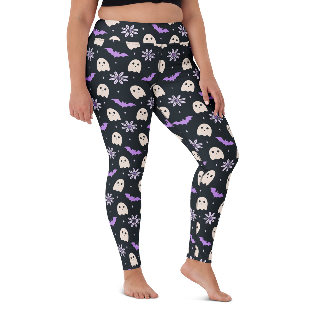 Women's Purple Floral Ghost Halloween Buttery Soft Yoga Leggings - Quick Drying, High Waisted Comfort