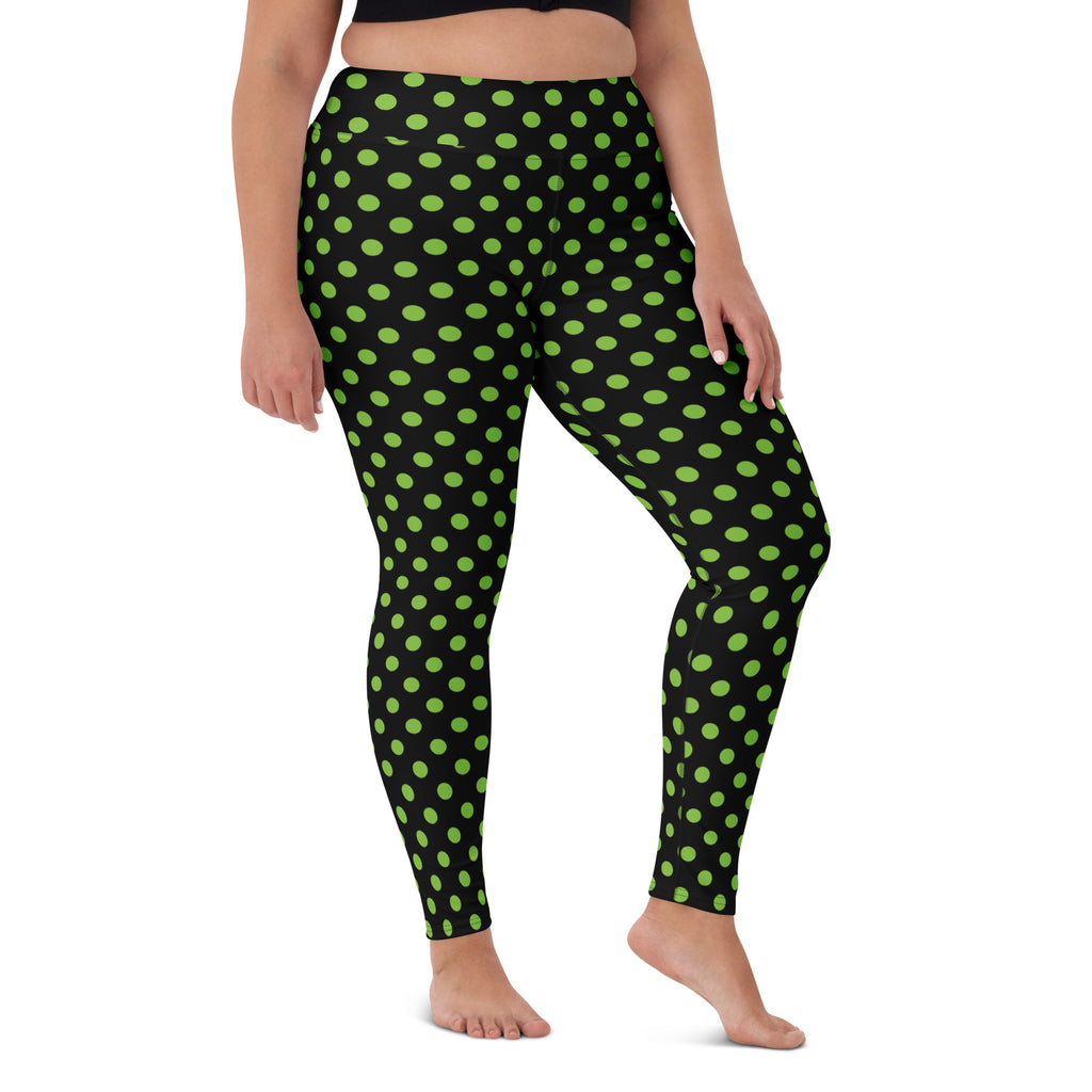 Women's Green Polka Dot Buttery Soft Yoga Leggings - Quick Drying, High Waisted Comfort