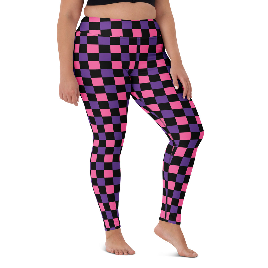 Women's Pink Purple Black Checkered Halloween Buttery Soft Yoga Leggings - Quick Drying, High Waisted Comfort