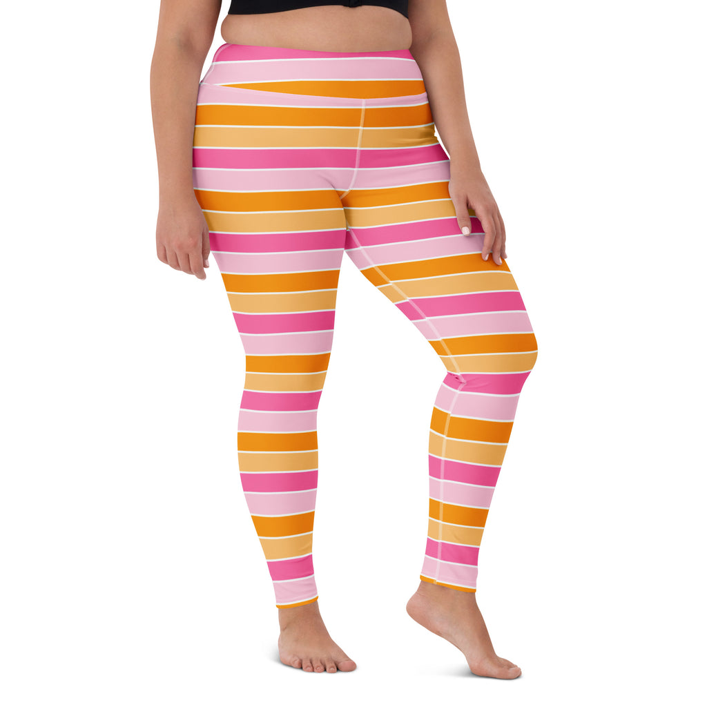 Women's Pink & Orange Candy Corn Striped Halloween Buttery Soft Yoga Leggings - Quick Drying, High Waisted Comfort