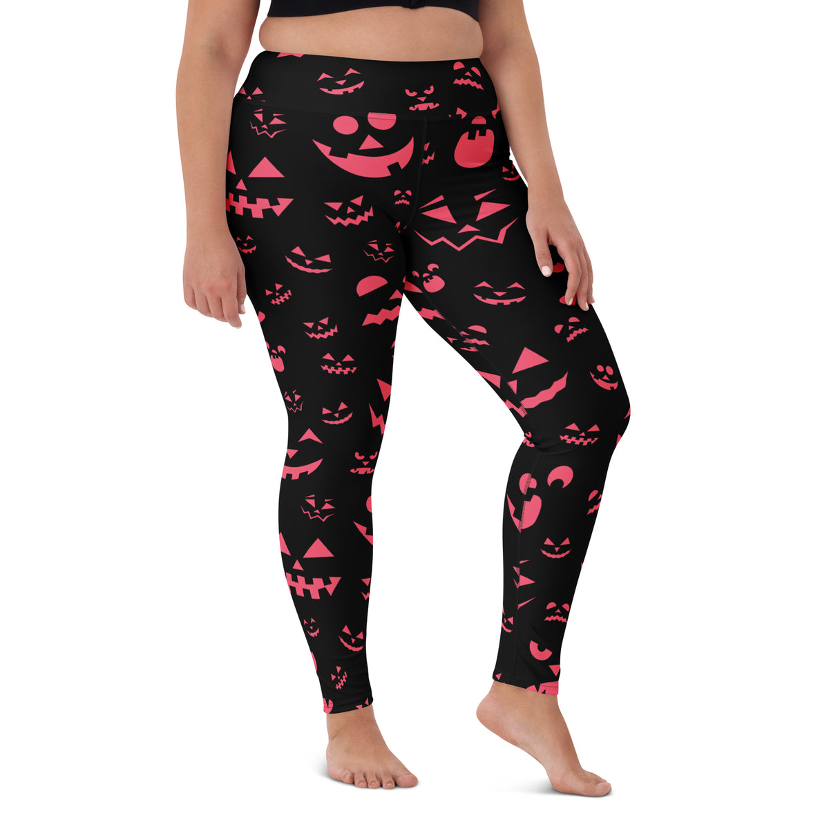 Women's Pink Jack-O'-Lantern Faces Halloween Buttery Soft Yoga Leggings - Quick Drying, High Waisted Comfort
