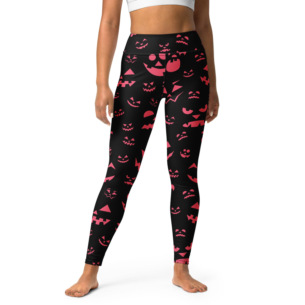 Women's Pink Jack-O'-Lantern Faces Halloween Buttery Soft Yoga Leggings - Quick Drying, High Waisted Comfort